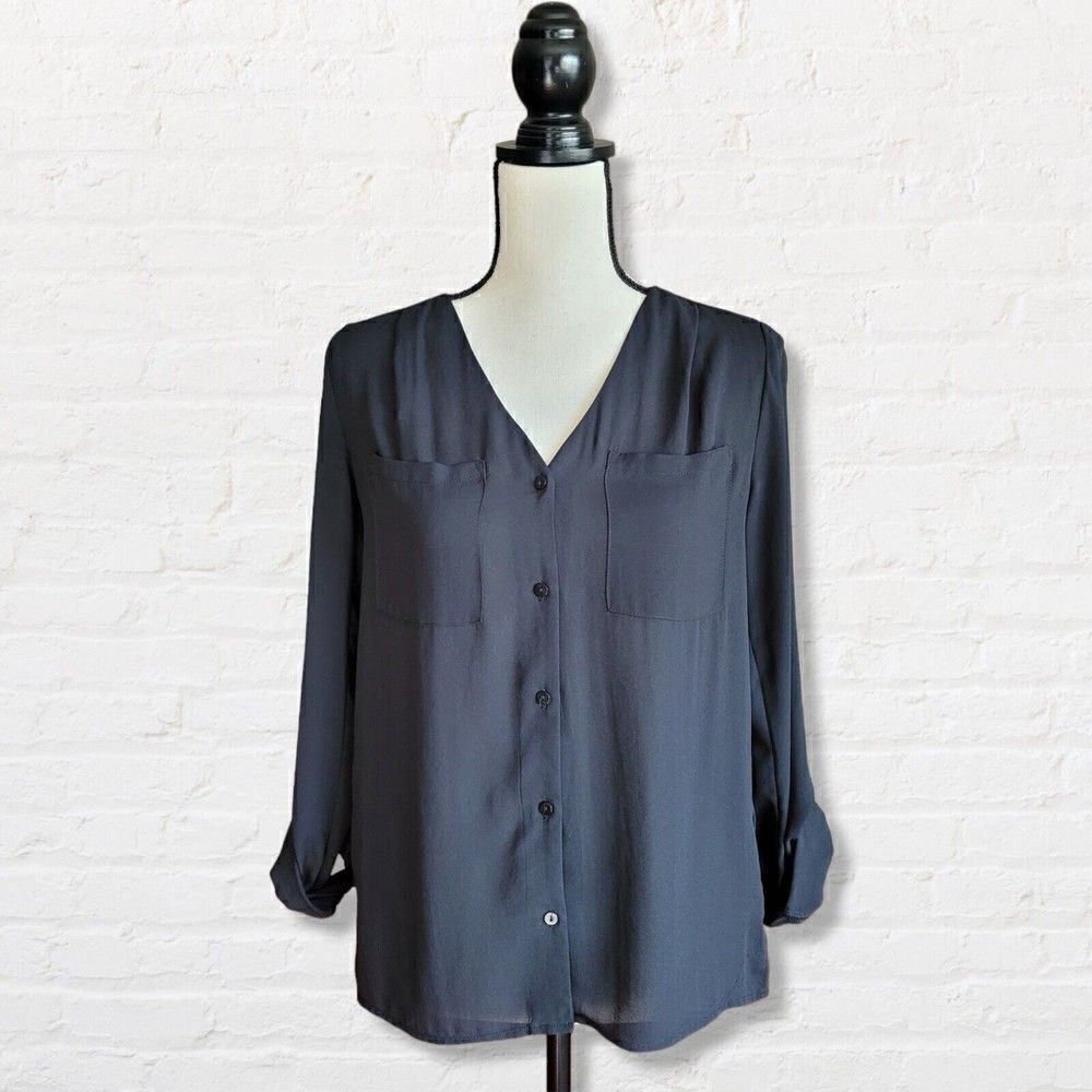 Divided H&M Black Blouse Lightweight Button Up Roll Tab Sleeve Size 2